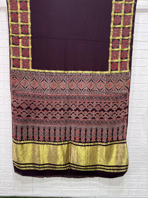 Ajrakh Hand Block Print Neptol Dye Saree with Zari Pallu