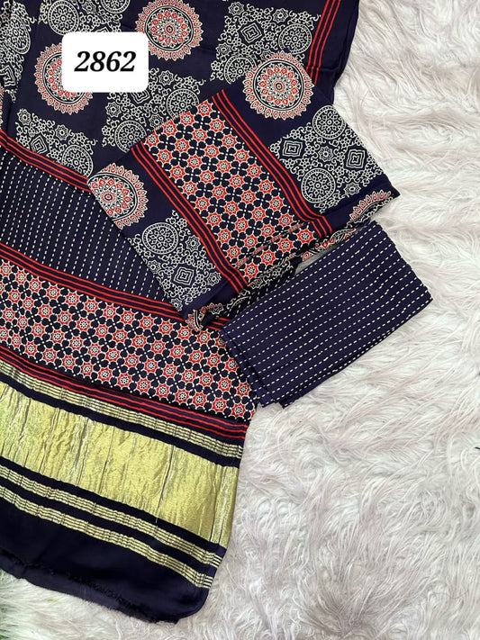 Pure Modal Silk Ajrakh Hand Block Print Neptol Dye 3 Pice Suit