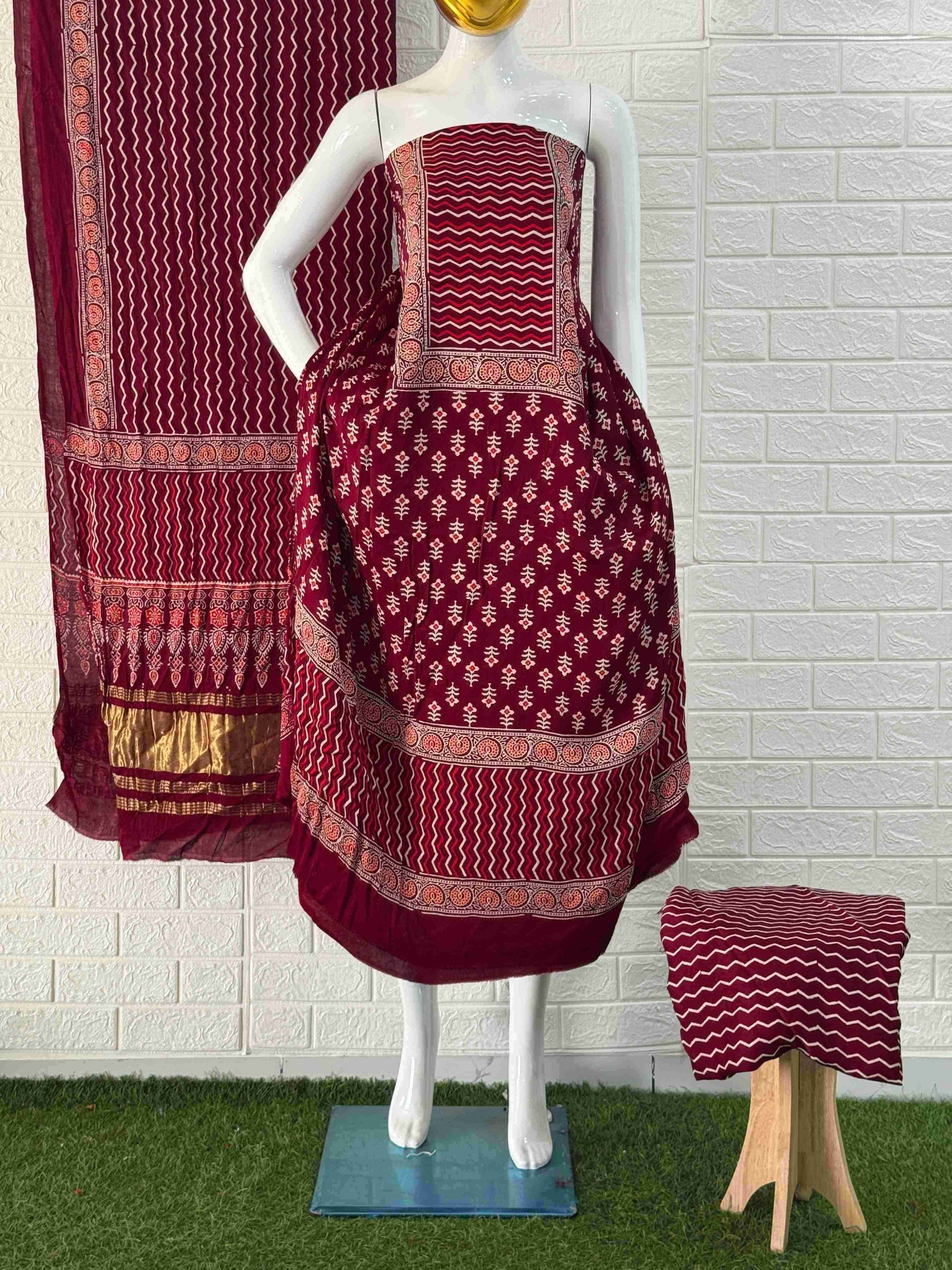 Pure Modal Silk Ajrakh Hand Block Print Neptol Dye 3 Pice Suit