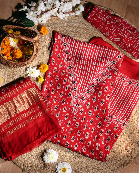 Modal Silk Red Ajrakh Hand Block Print Suit with Neptol Dye & Zari Pallu Dupatta – Premium Designer Ethnic Wear