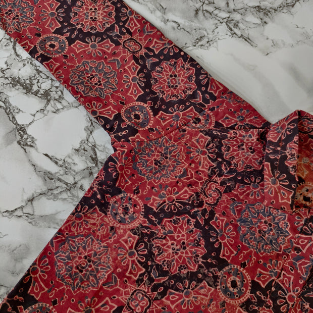 Ajrakh Hand Block Print Cotton Shirt – Red & Beige Floral Geometric Design | Ethnic Casual Wear