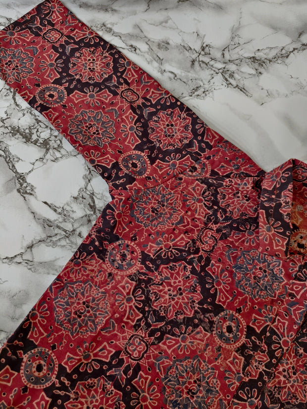 Ajrakh Hand Block Print Cotton Shirt – Red & Beige Floral Geometric Design | Ethnic Casual Wear