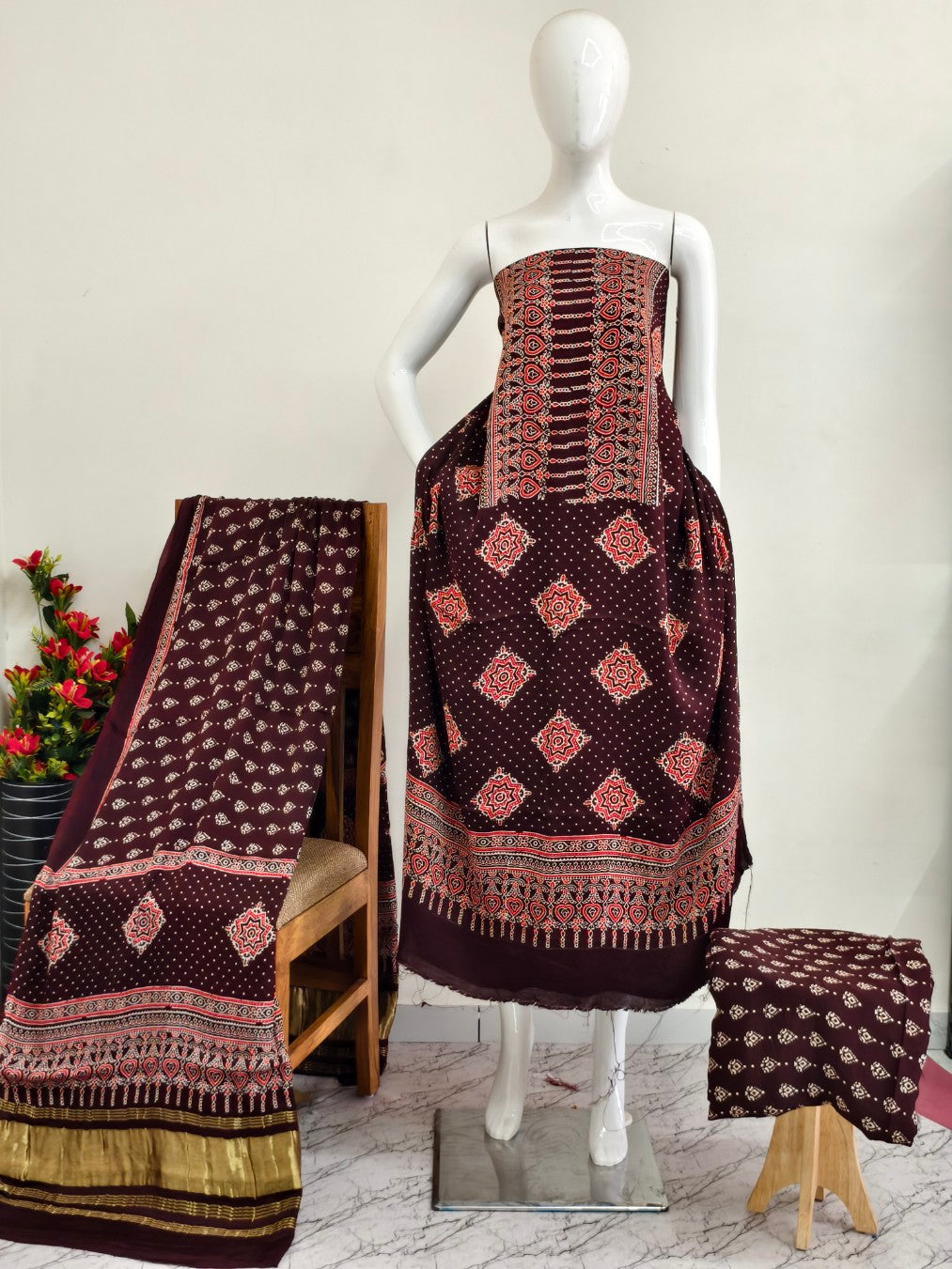 Modal Silk Ajrakh Hand Block Print Suit with Neptol Dye & Zari Pallu Dupatta – Premium Designer Ethnic Wear