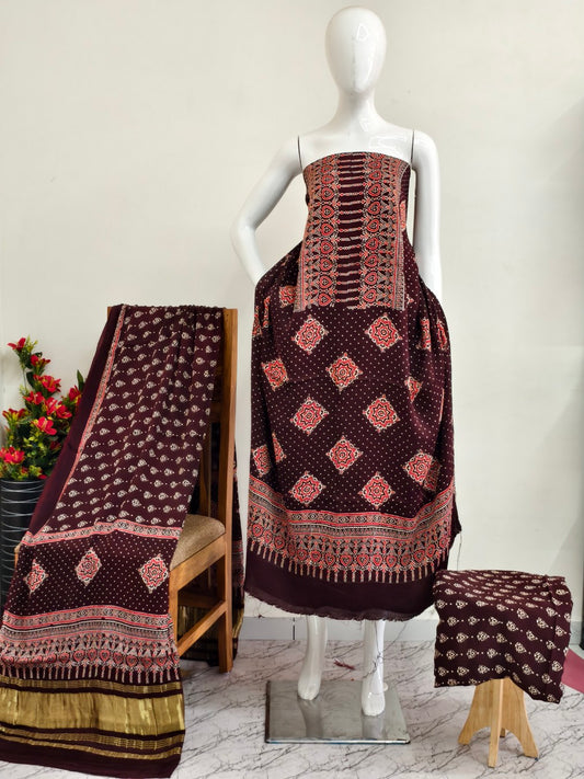 Modal Silk Ajrakh Hand Block Print Suit with Neptol Dye & Zari Pallu Dupatta – Premium Designer Ethnic Wear