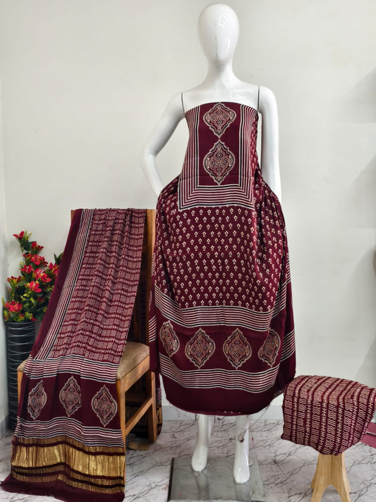 Modal Silk Ajrakh Hand Block Print Suit with Neptol Dye & Zari Pallu Dupatta – Premium Designer Ethnic Wear