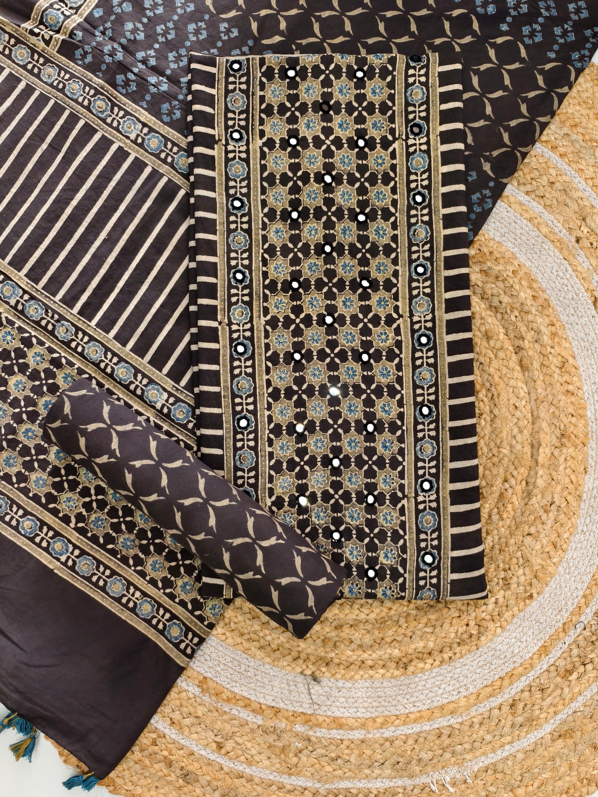 pure cotten ajrakh suit with mirror work & tassels - buy now