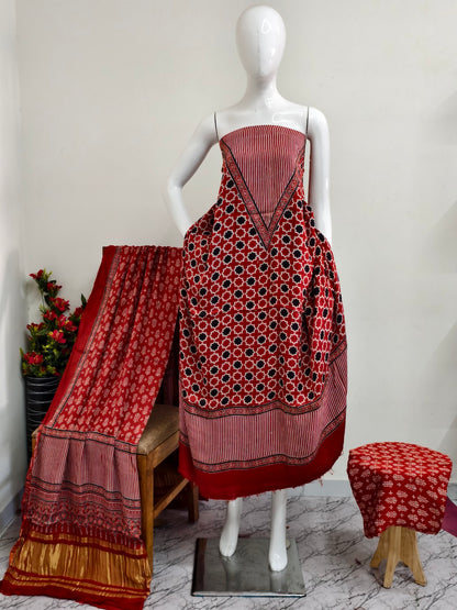Modal Silk rust Ajrakh Hand Block Print Suit with Neptol Dye & Zari Pallu Dupatta – Premium Designer Ethnic Wear