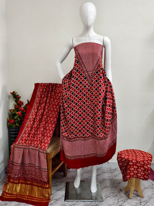 Modal Silk rust Ajrakh Hand Block Print Suit with Neptol Dye & Zari Pallu Dupatta – Premium Designer Ethnic Wear
