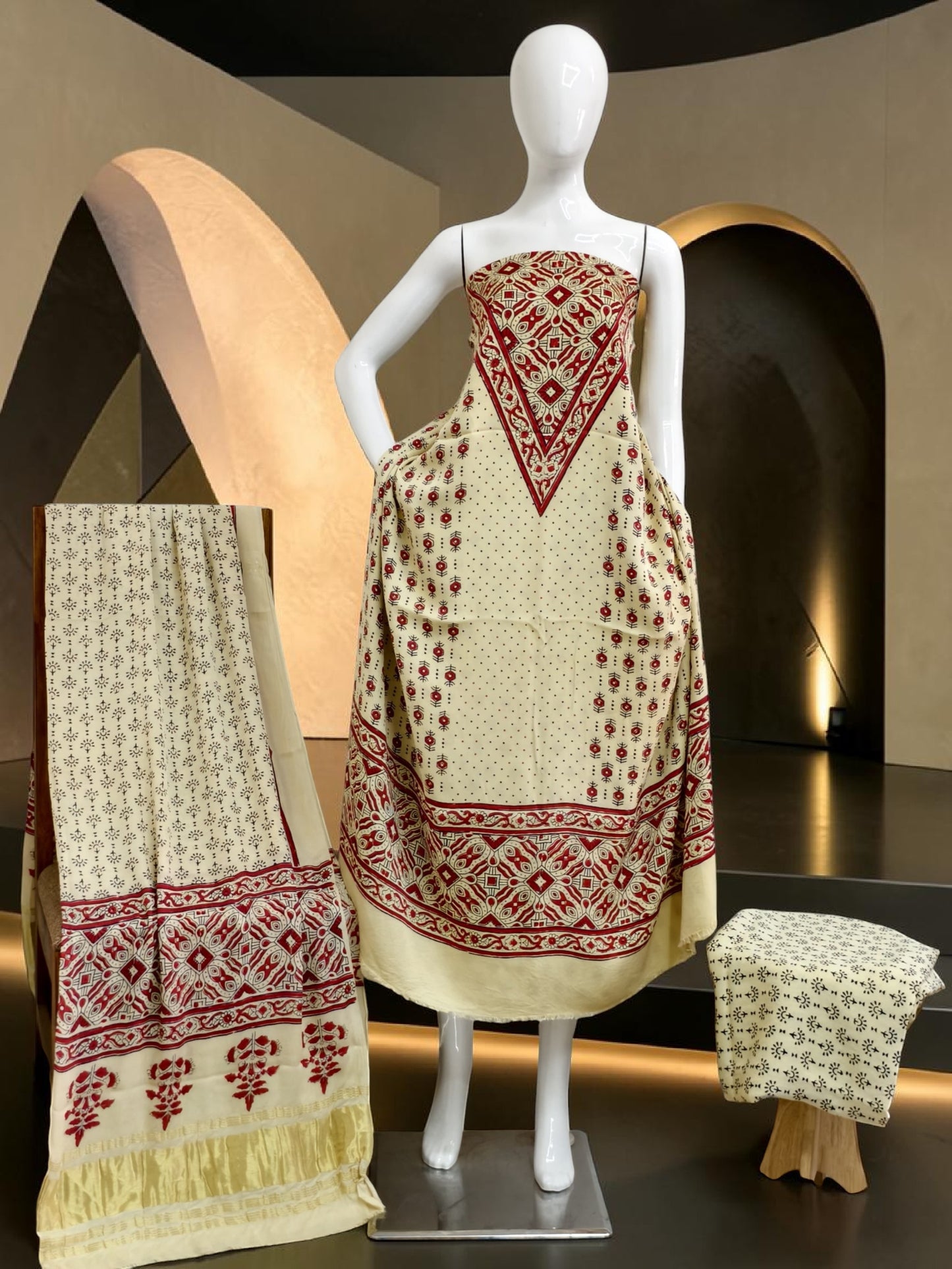 off white Modal Silk Ajrakh Hand Block Print Suit with Neptol Dye & Zari Pallu Dupatta – Premium Designer Ethnic Wear