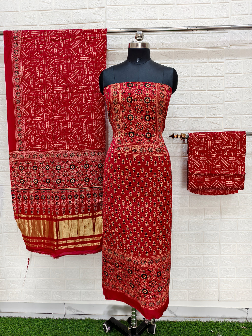 Pure Modal Silk Red Ajrakh Hand Block Print Neptol Dye 3 Pice Suit