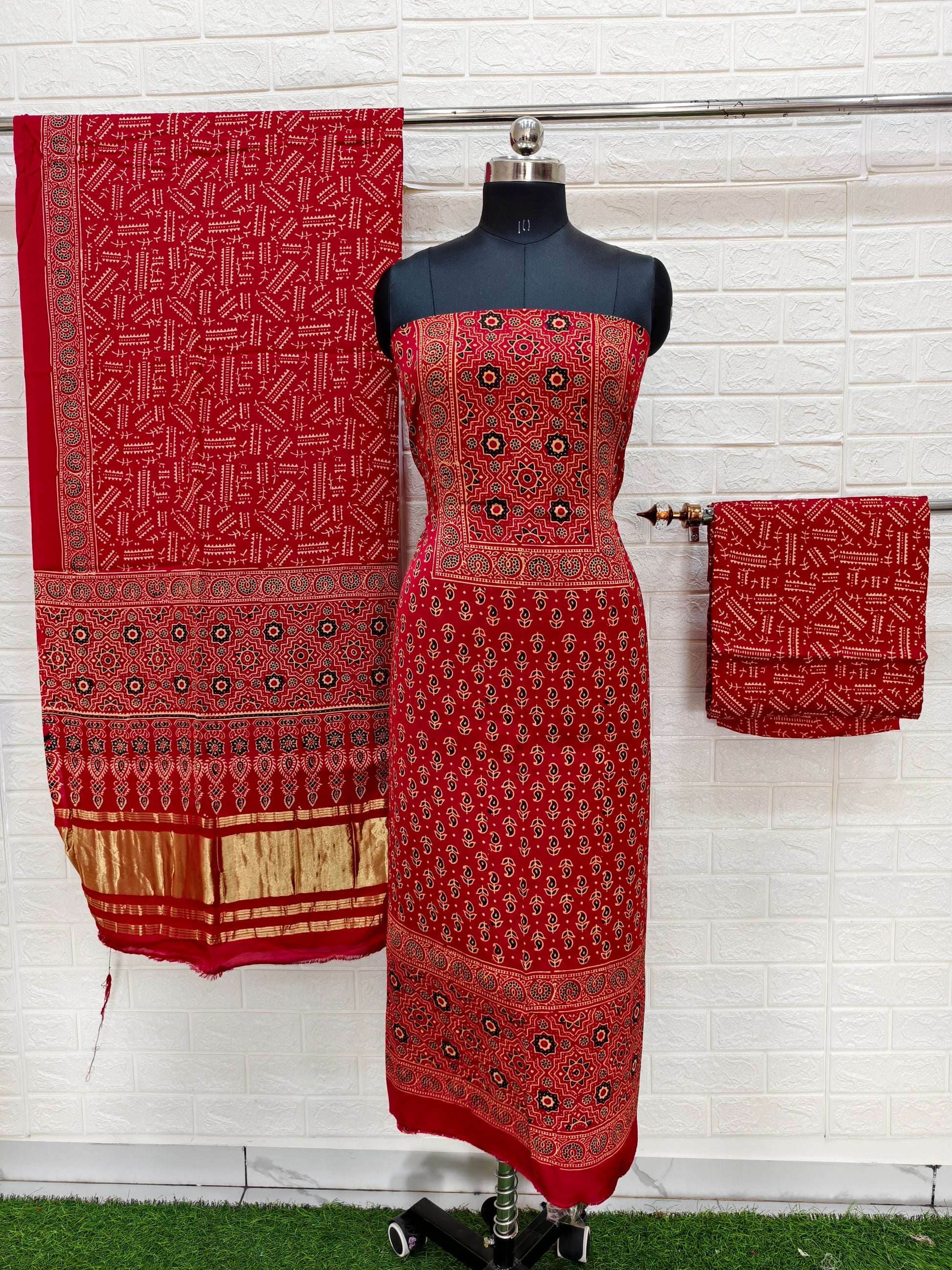 Pure Modal Silk Red Ajrakh Hand Block Print Neptol Dye 3 Pice Suit