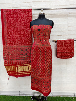 Pure Modal Silk Red Ajrakh Hand Block Print Neptol Dye 3 Pice Suit