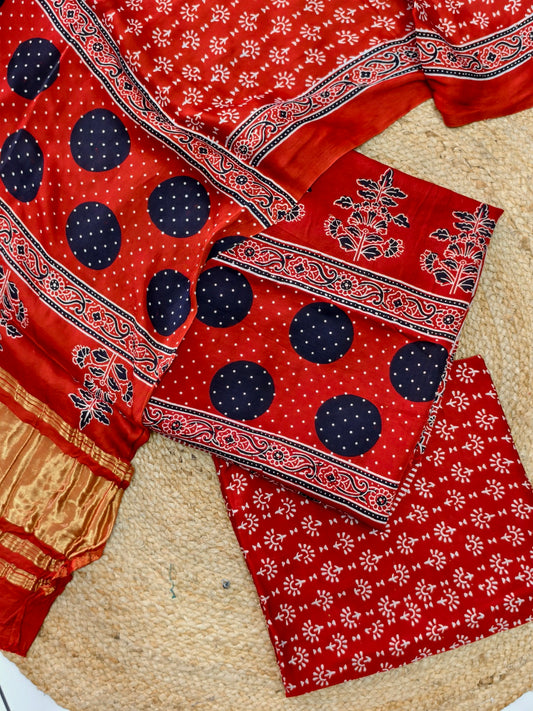 Modal Silk Rast Ajrakh Hand Block Print Suit with Neptol Dye & Zari Pallu Dupatta – Premium Designer Ethnic Wear