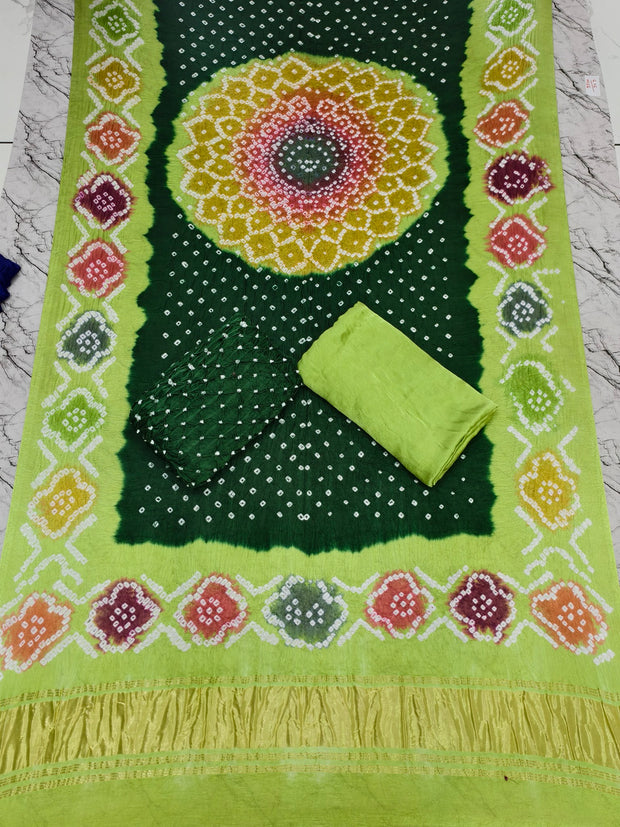 Premium Multi-Color Modal Silk Bandhej Suit Set | Handcrafted Bandhani Designer Dress Material with Zari Dupatta