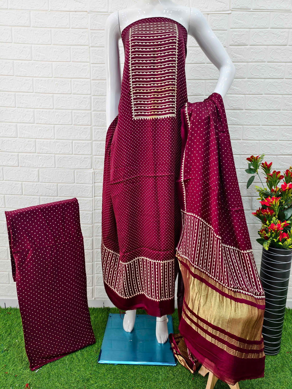 Pure Modal Silk Ajrakh Hand Block Print Neptol Dye 3 Pice Suit