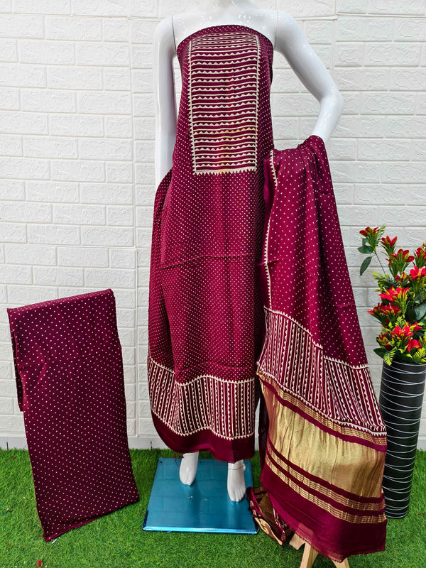 Pure Modal Silk Ajrakh Hand Block Print Neptol Dye 3 Pice Suit