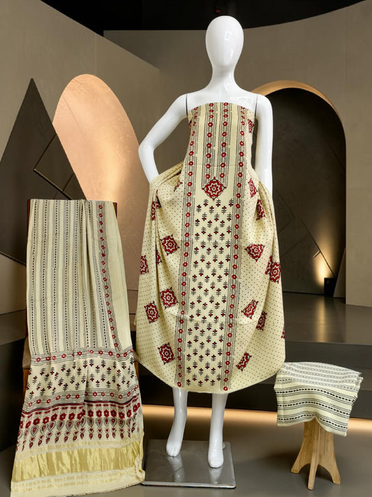 off white Modal Silk Ajrakh Hand Block Print Suit with Neptol Dye & Zari Pallu Dupatta – Premium Designer Ethnic Wear