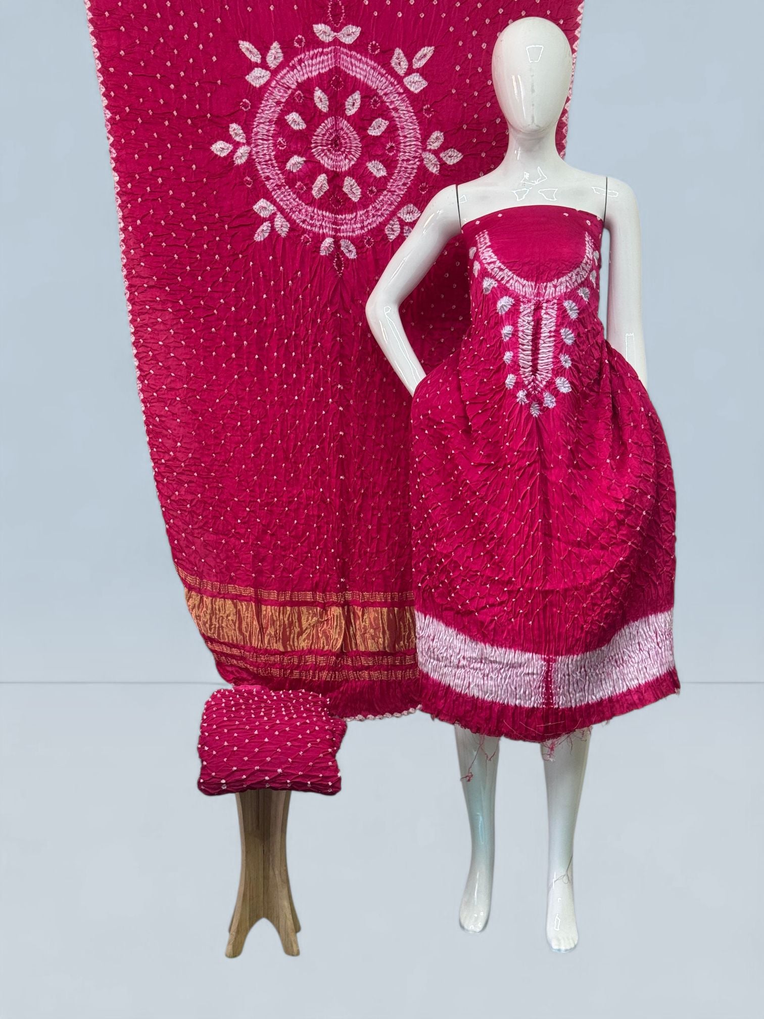 Modal Silk Shibori Suit Set with Bandhej Bottom & Zari Pallu Dupatta