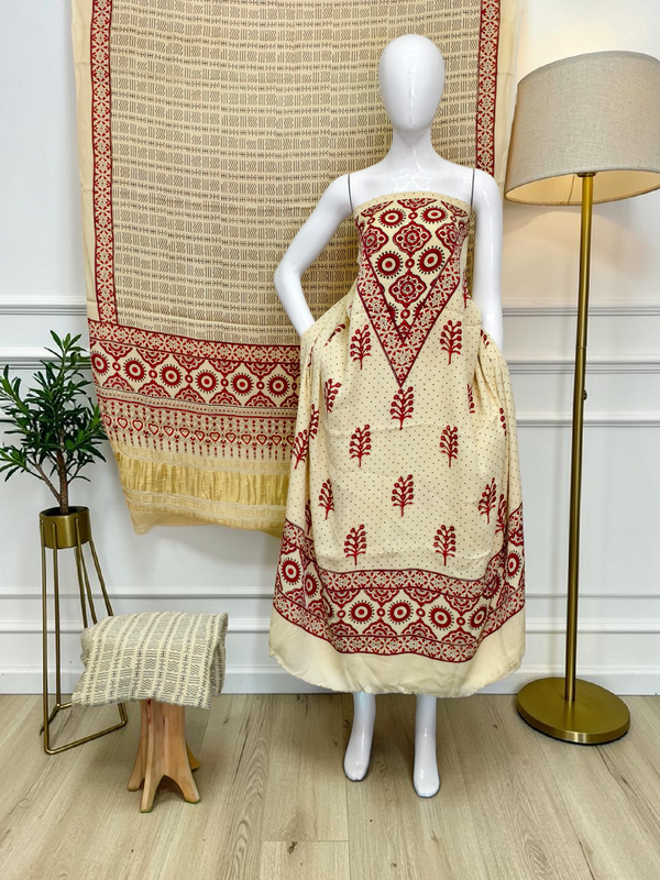 Modal Silk Off White Ajrakh Hand Block Print Suit with Neptol Dye & Zari Pallu Dupatta – Premium Designer Ethnic Wear