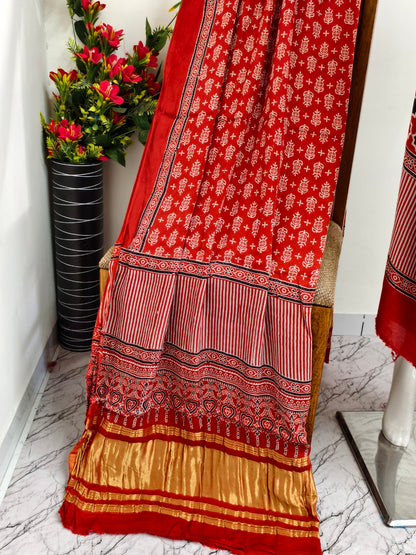 Modal Silk rust Ajrakh Hand Block Print Suit with Neptol Dye & Zari Pallu Dupatta – Premium Designer Ethnic Wear