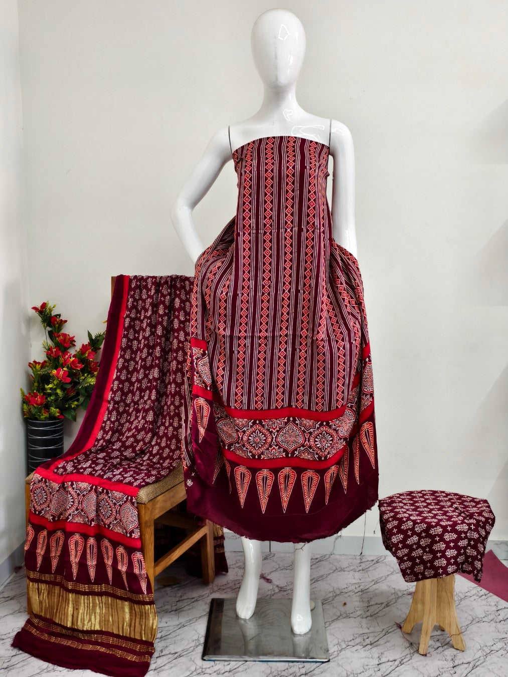 Modal Silk maroon  Ajrakh Hand Block Print Suit with Neptol Dye & Zari Pallu Dupatta – Premium Designer Ethnic Wear