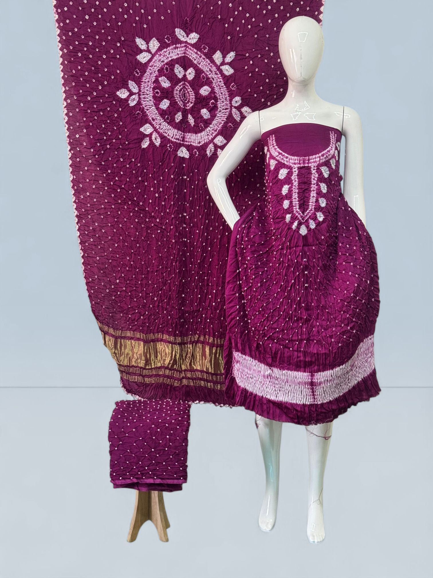 Modal Silk Shibori Suit Set with Bandhej Bottom & Zari Pallu Dupatta