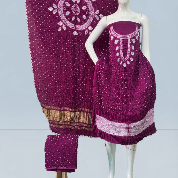 Modal Silk Shibori Suit Set with Bandhej Bottom & Zari Pallu Dupatta