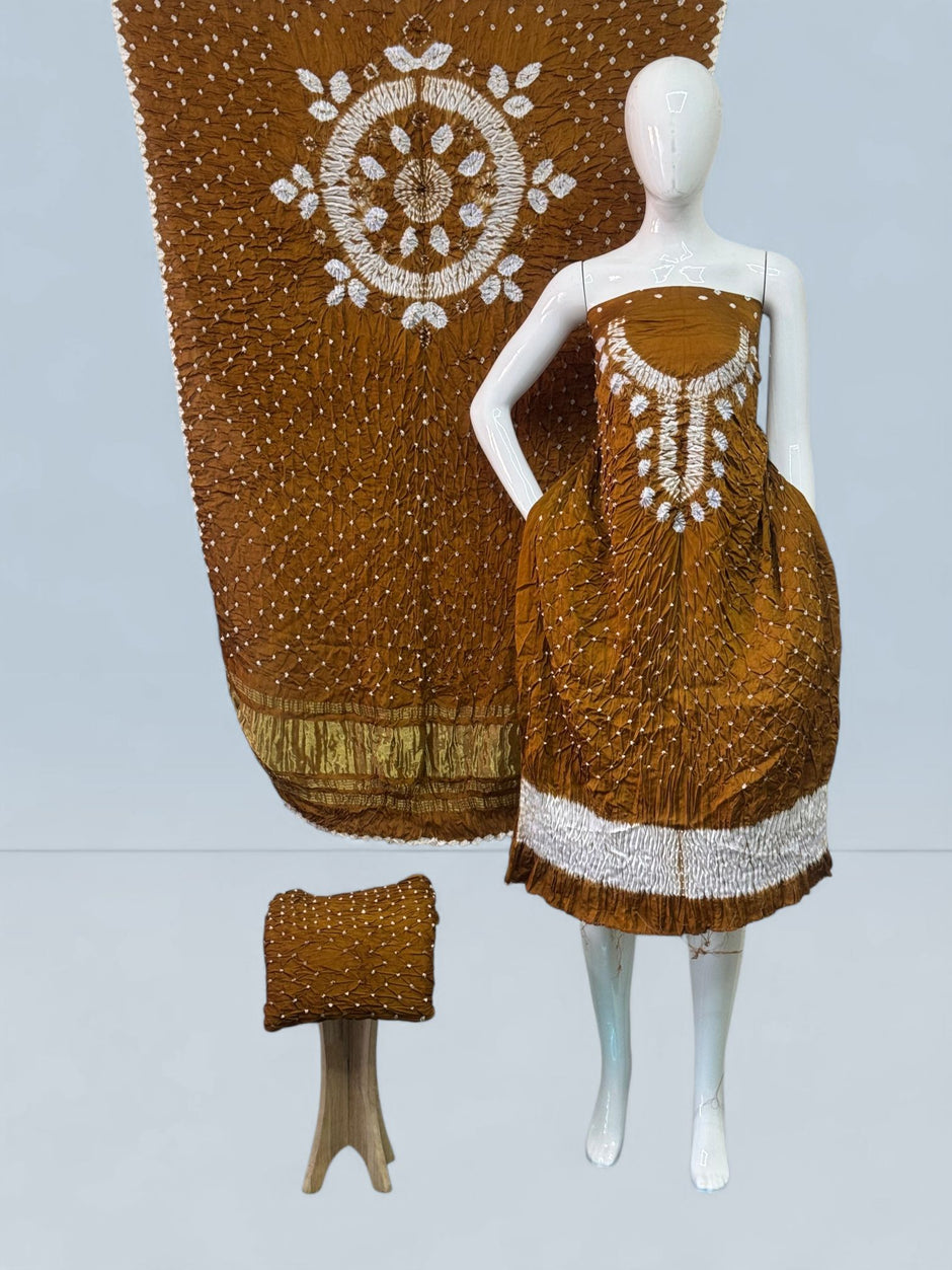 Modal Silk Shibori Suit Set with Bandhej Bottom & Zari Pallu Dupatta