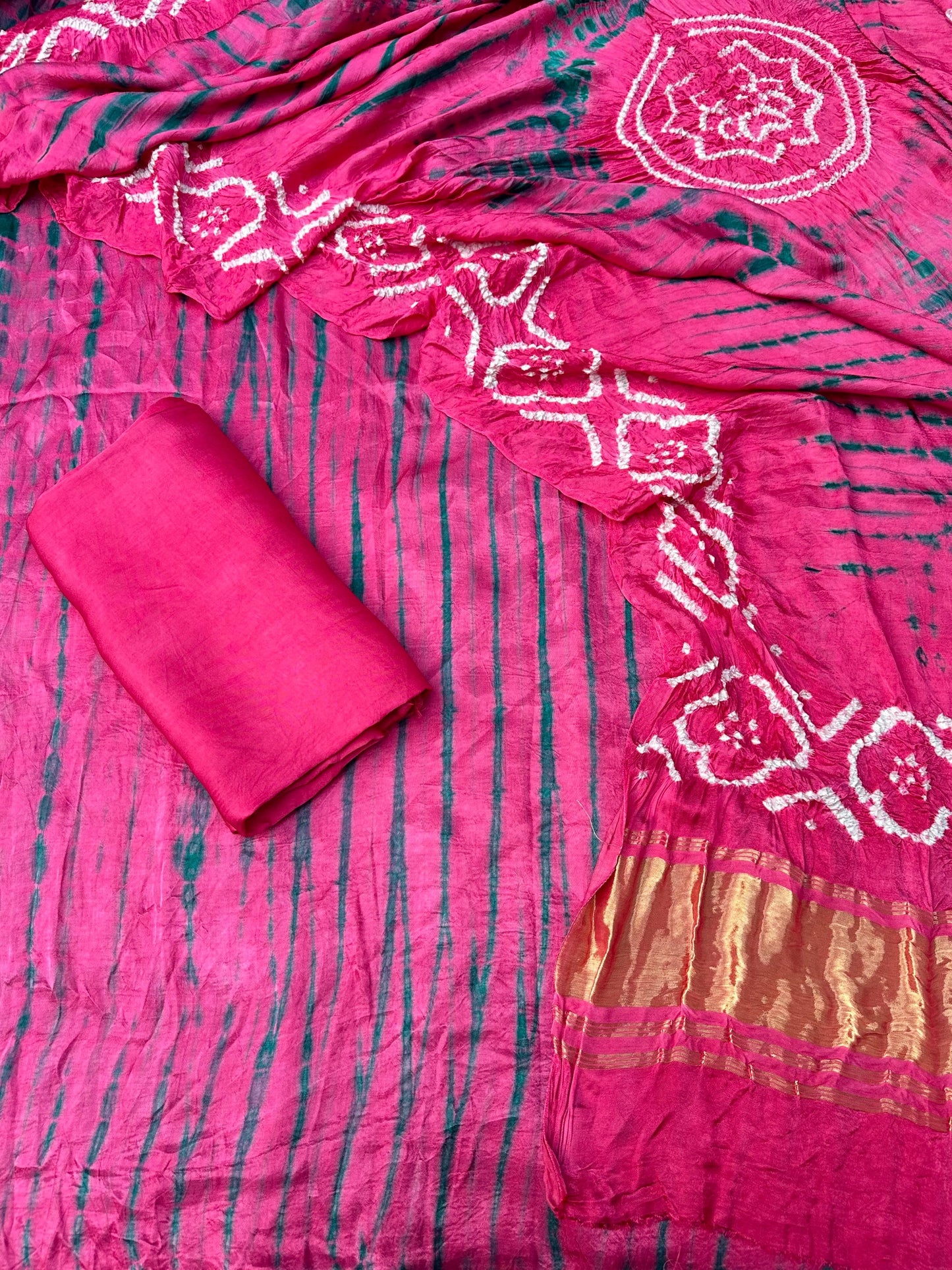 Pink & green Modal Silk Tie & Dye Bandhani Dupatta 3 Piece Suits