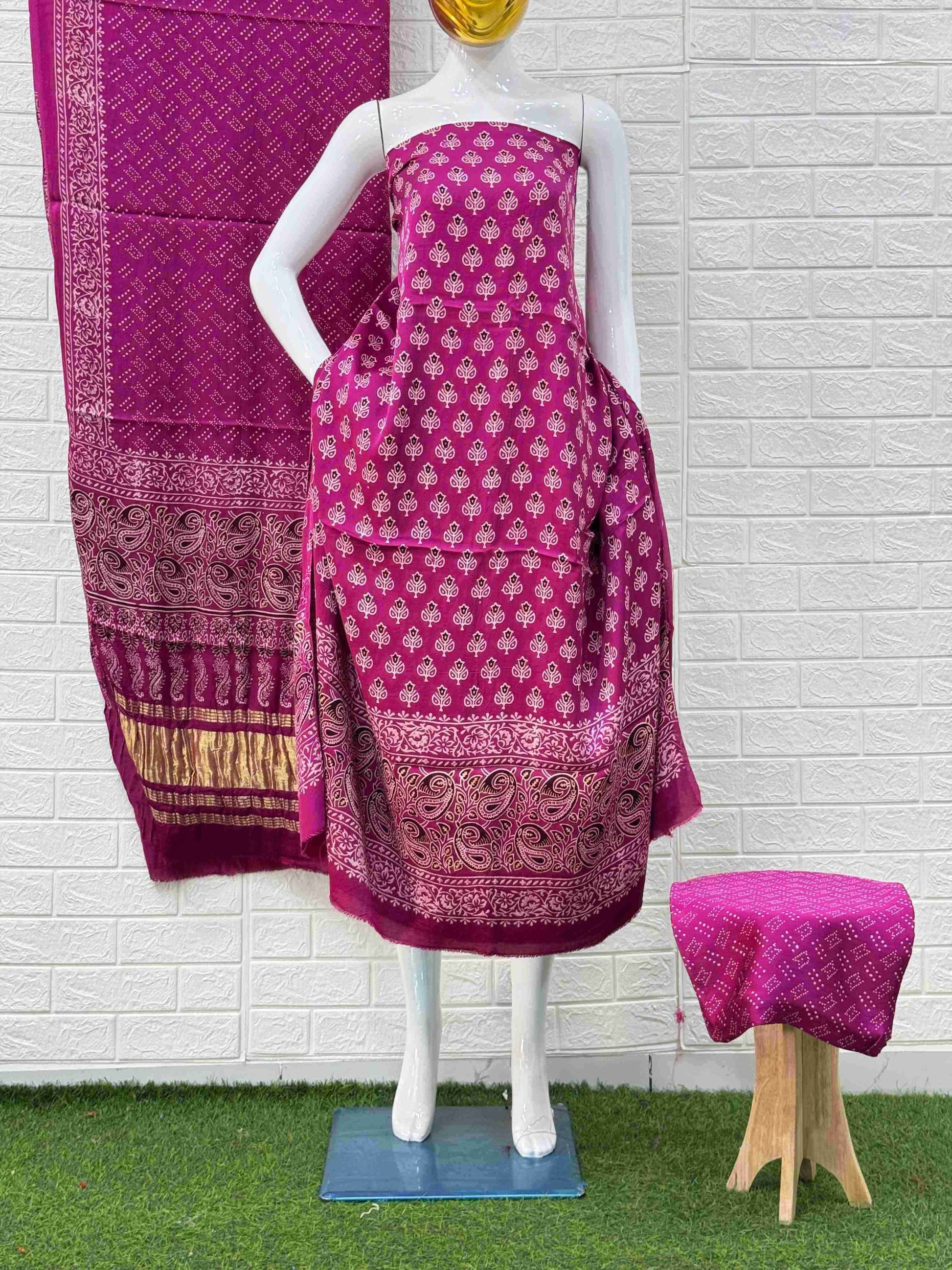 Pure Modal Silk Ajrakh Hand Block Print Neptol Dye 3 Pice Suit