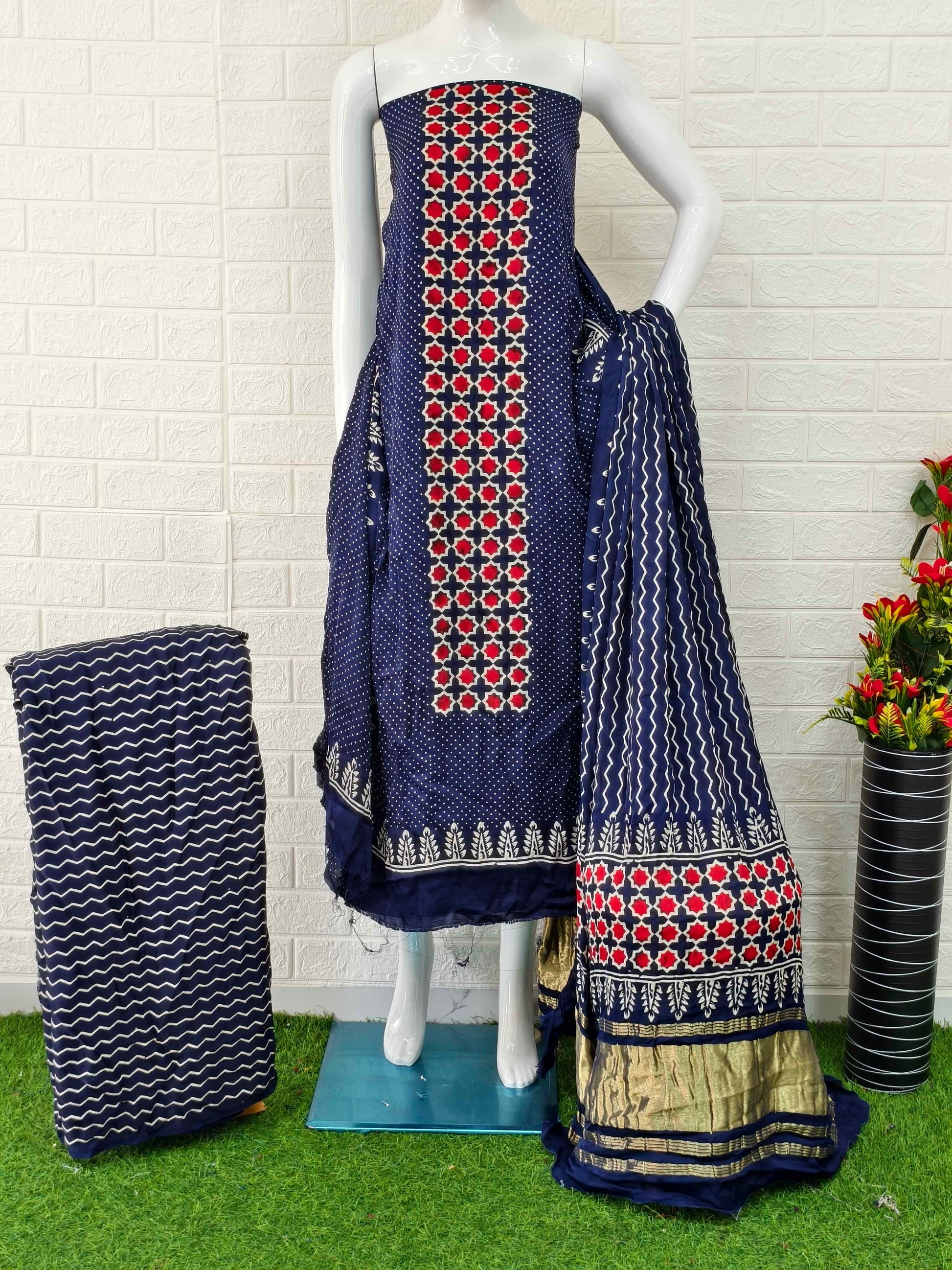 Buy Ajrakh Hand Block Print Neptol Dye 3 Pice Suit