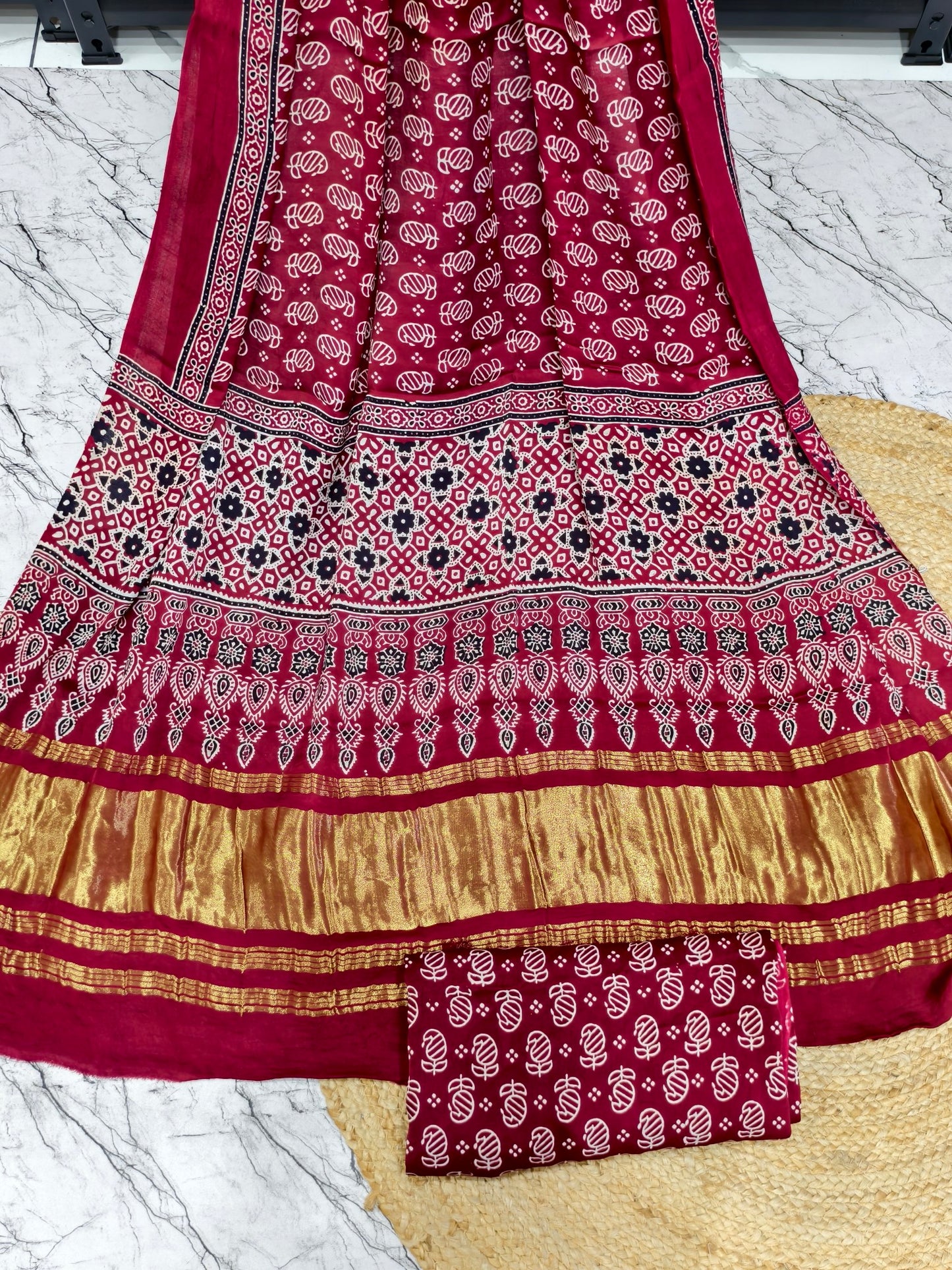 Modal Silk maroon Ajrakh Hand Block Print Suit with Neptol Dye & Zari Pallu Dupatta – Premium Designer Ethnic Wear