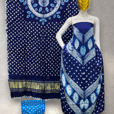 Modal Silk Shibori & Bandhani 3-Piece Suit with Zari Pallu Dupatta | Dot Bandhani Bottom