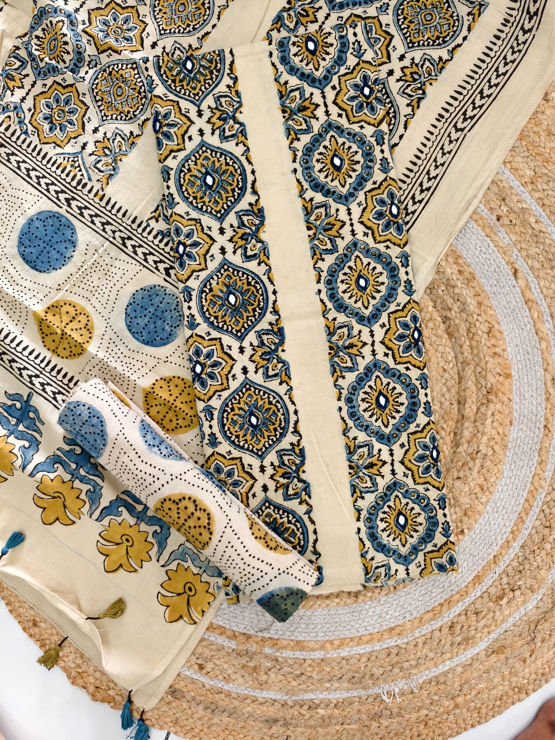 pure cotten ajrakh suit with mirror work & tassels - buy now
