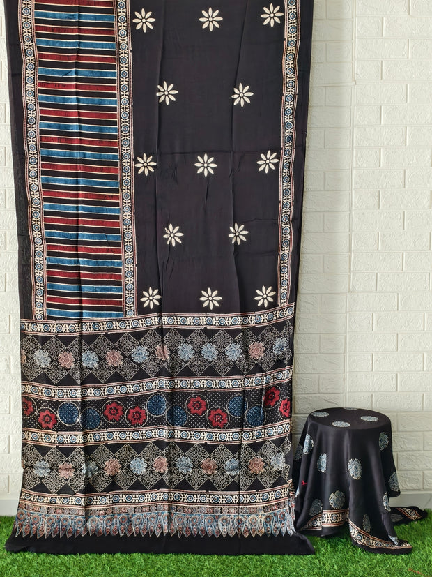 Modal Silk Ajrakh Hand Block Print Natural Dye Saree – Premium Ethnic Wear with Blouse Piece