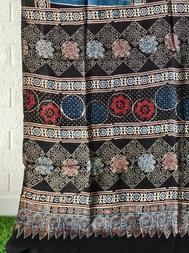 Modal Silk Ajrakh Hand Block Print Natural Dye Saree – Premium Ethnic Wear with Blouse Piece