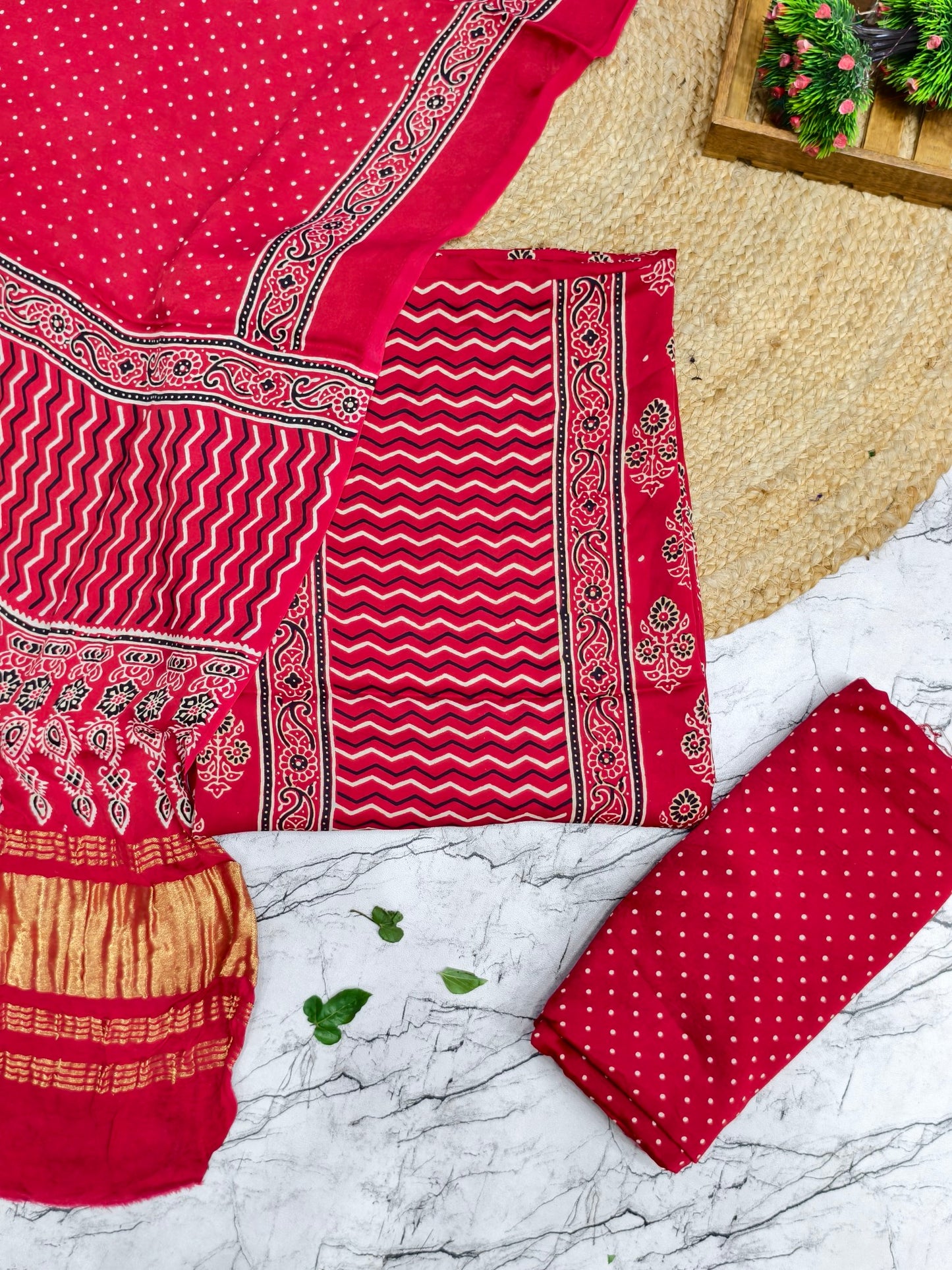 Modal Silk Red Ajrakh Hand Block Print Suit with Neptol Dye & Zari Pallu Dupatta – Premium Designer Ethnic Wear