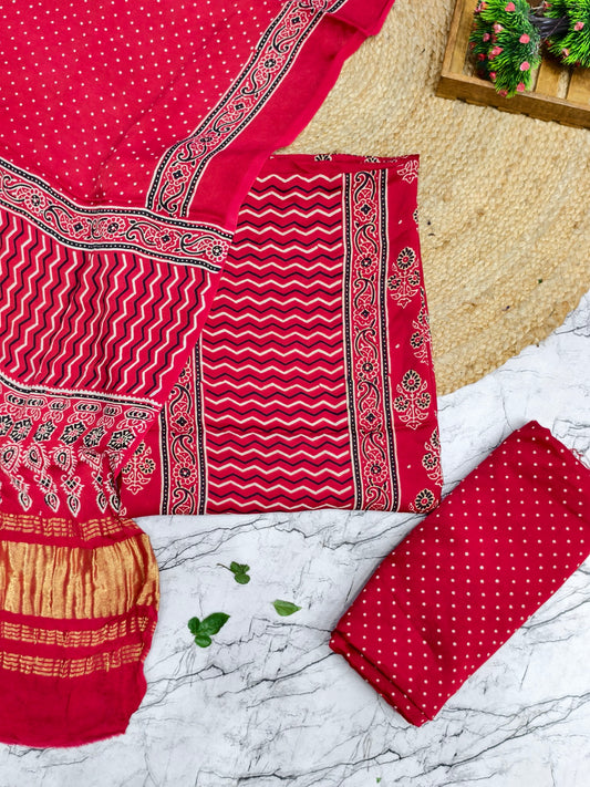 Modal Silk Red Ajrakh Hand Block Print Suit with Neptol Dye & Zari Pallu Dupatta – Premium Designer Ethnic Wear