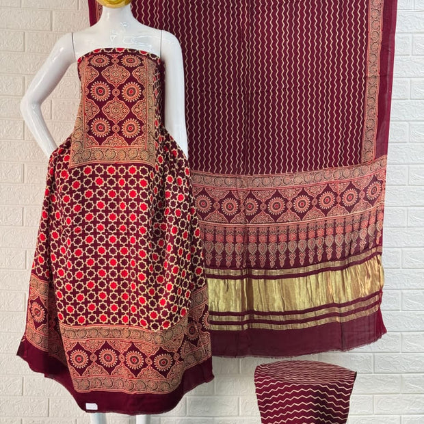 Pure Modal Silk Rust Ajrakh Hand Block Print Neptol Dye 3 Pice Suit