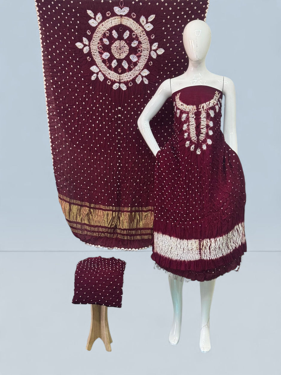 Modal Silk Shibori Suit Set with Bandhej Bottom & Zari Pallu Dupatta