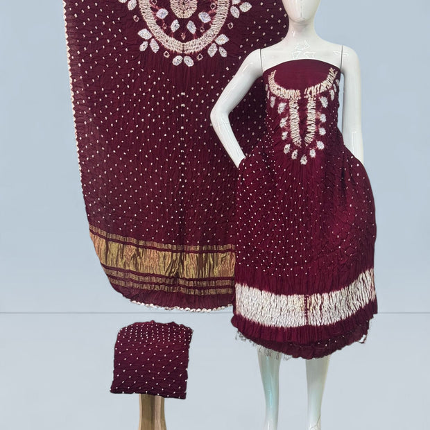 Modal Silk Shibori Suit Set with Bandhej Bottom & Zari Pallu Dupatta