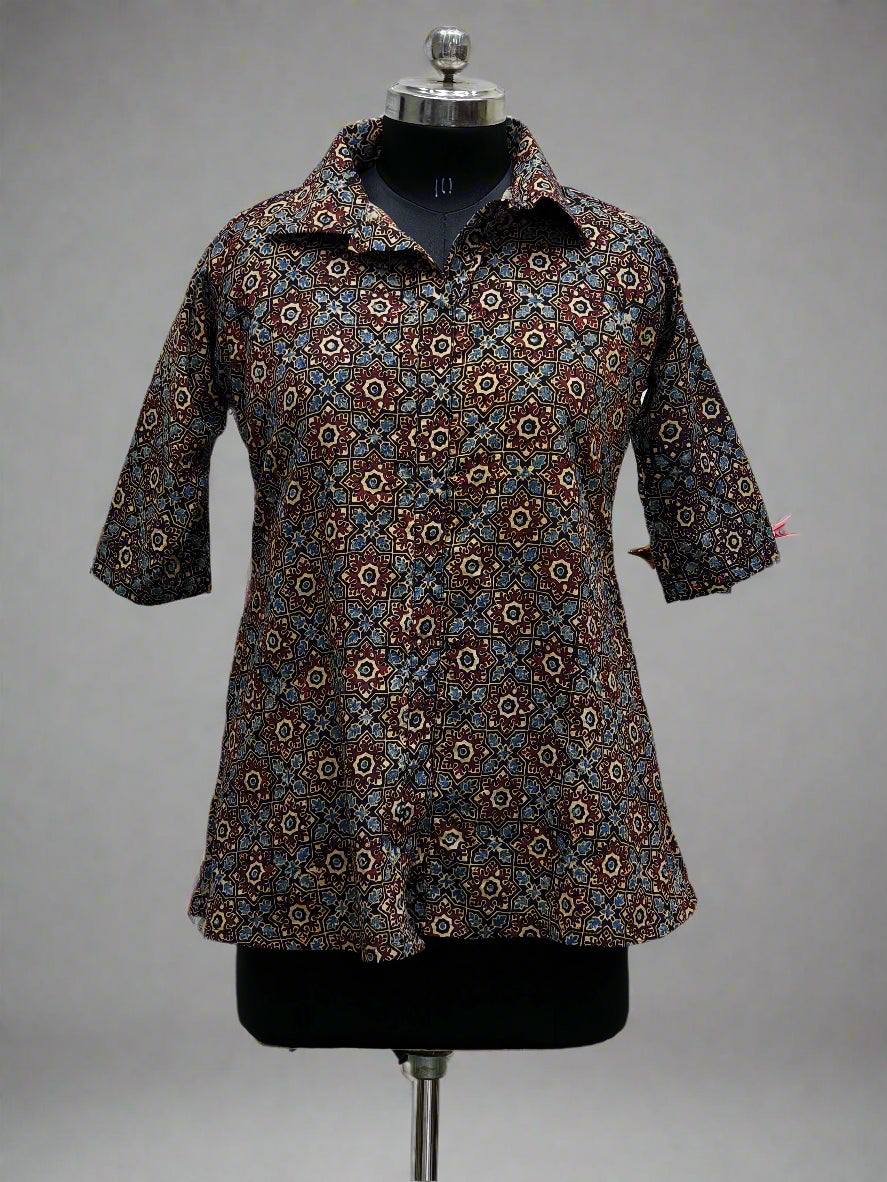 Ajrakh Hand Block Print Cotton Shirt – Red & Beige Floral Geometric Design | Ethnic Casual Wear