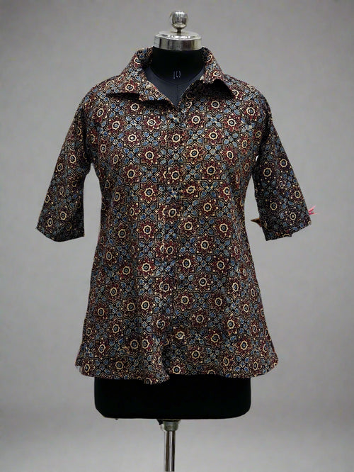 Ajrakh Hand Block Print Cotton Shirt – Red & Beige Floral Geometric Design | Ethnic Casual Wear