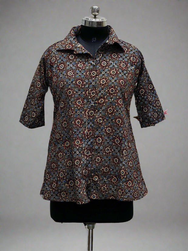 Ajrakh Hand Block Print Cotton Shirt – Red & Beige Floral Geometric Design | Ethnic Casual Wear
