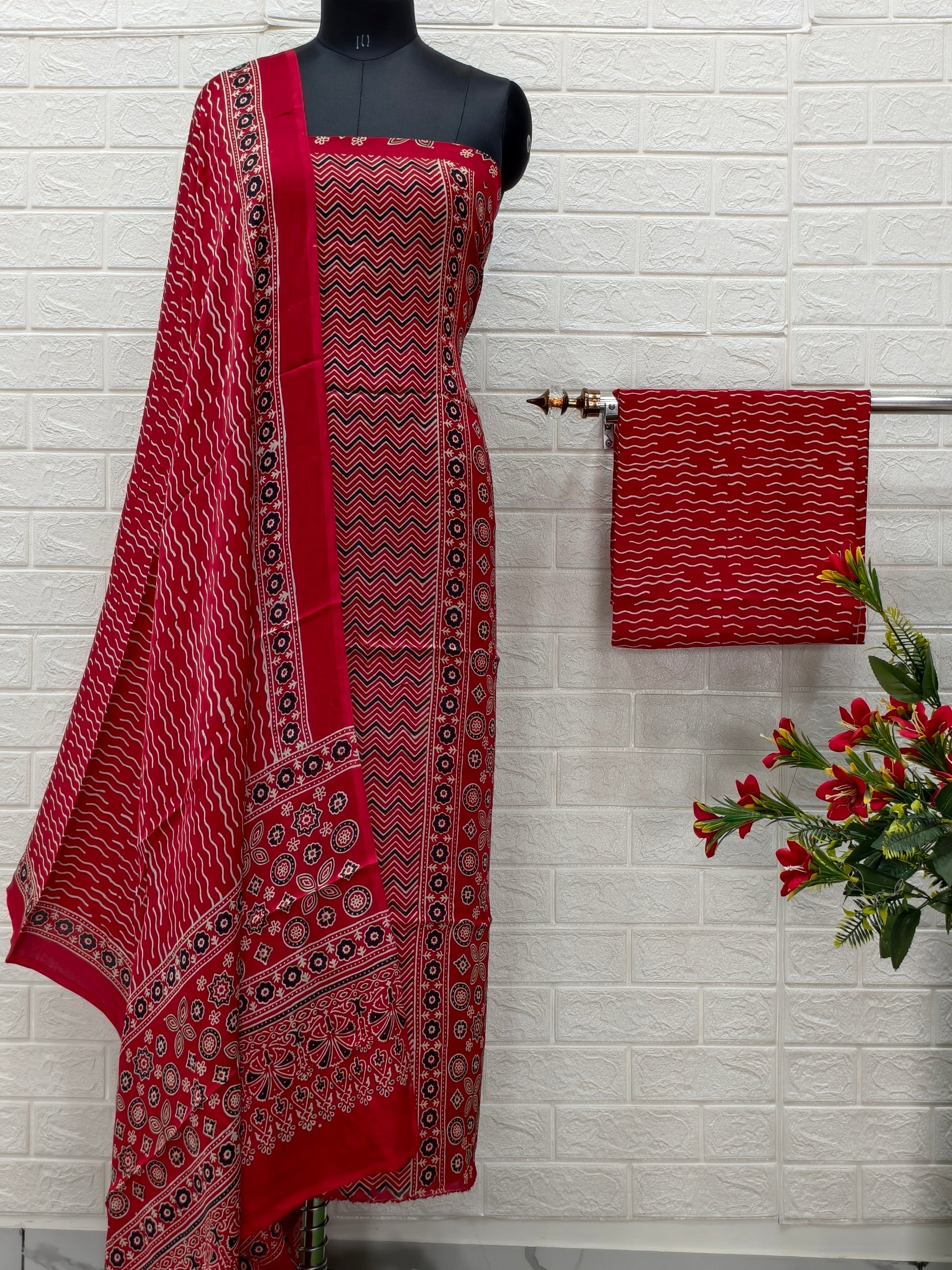 Ajrakh Hand Block Print Neptol Dye 3 Pice Suit