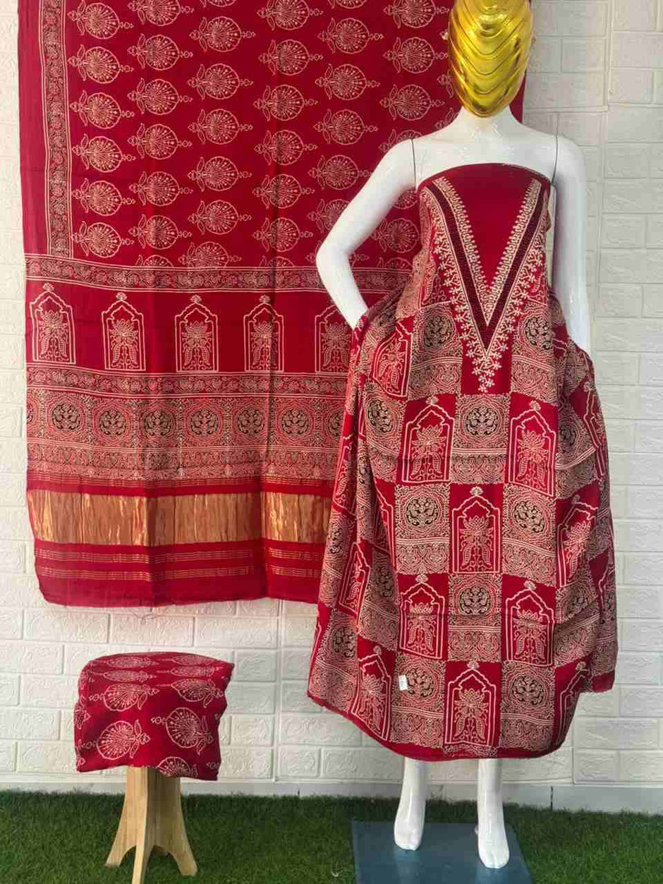 Pure Modal Silk Rust Ajrakh Hand Block Print Neptol Dye 3 Pice Suit