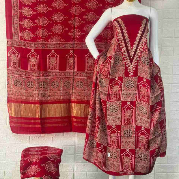 Pure Modal Silk Rust Ajrakh Hand Block Print Neptol Dye 3 Pice Suit