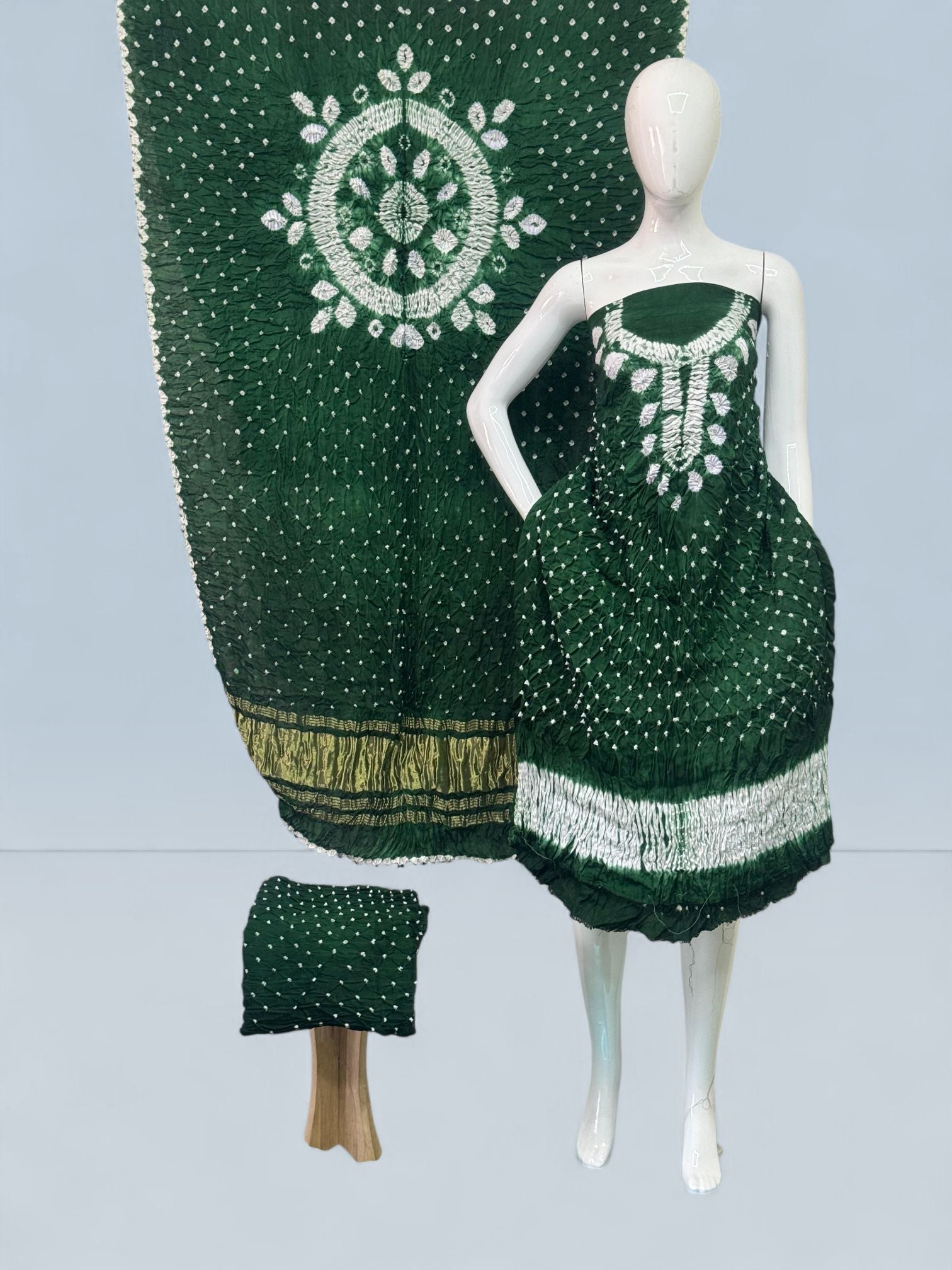 Modal Silk Shibori Suit Set with Bandhej Bottom & Zari Pallu Dupatta