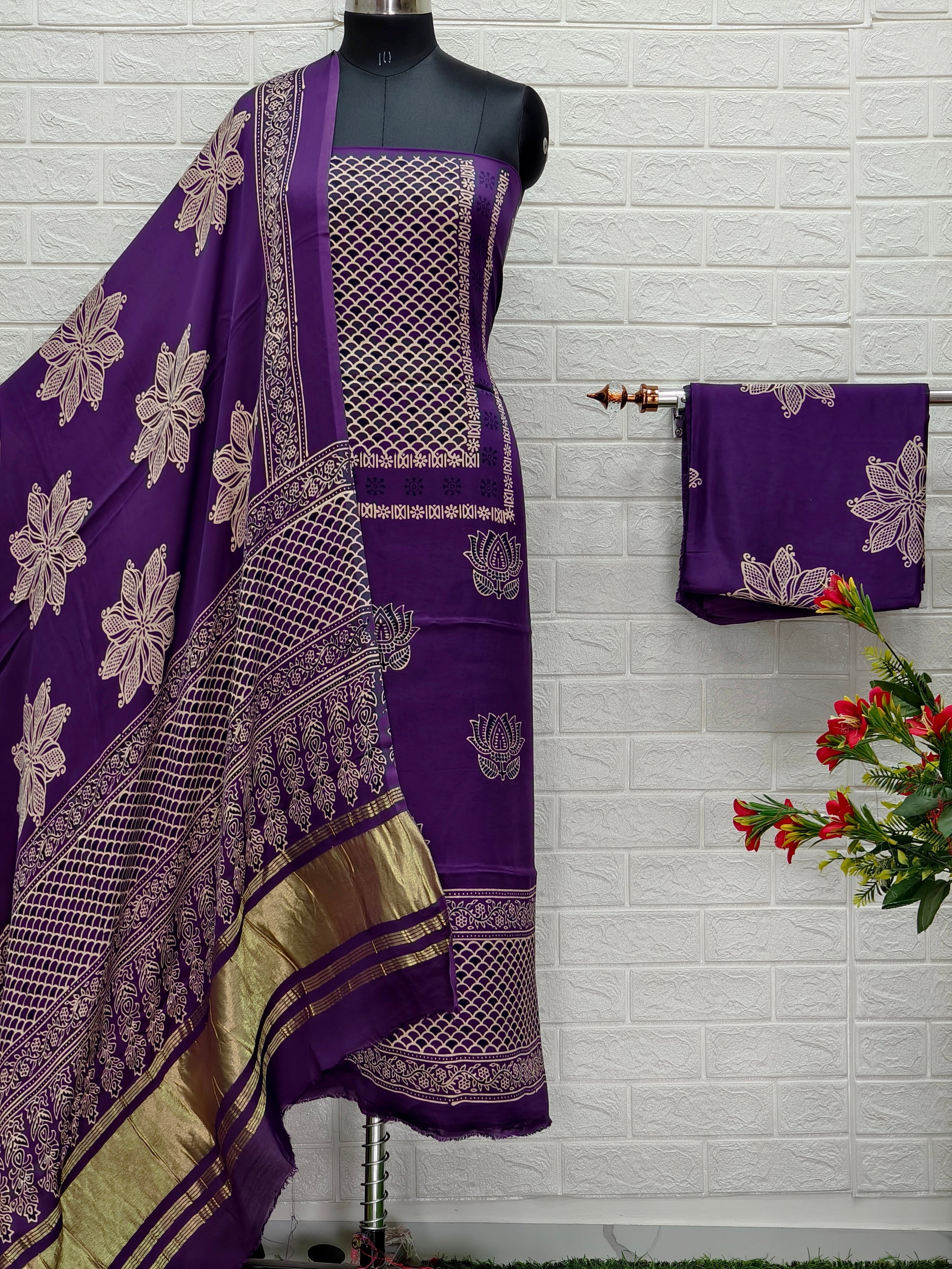Pure Modal Silk Ajrakh Hand Block Print Neptol Dye 3 Pice Suit