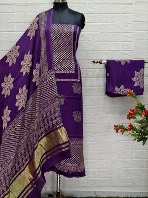 Pure Modal Silk Ajrakh Hand Block Print Neptol Dye 3 Pice Suit
